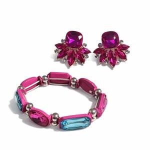 Pink Rhinestone Statement Earrings & Stretch Bracelet Set | Bold Crystal Jewelry